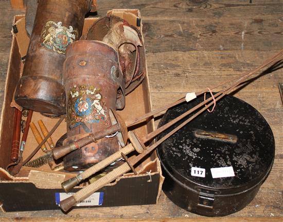 Fencing equipment, military hat & tin, etc